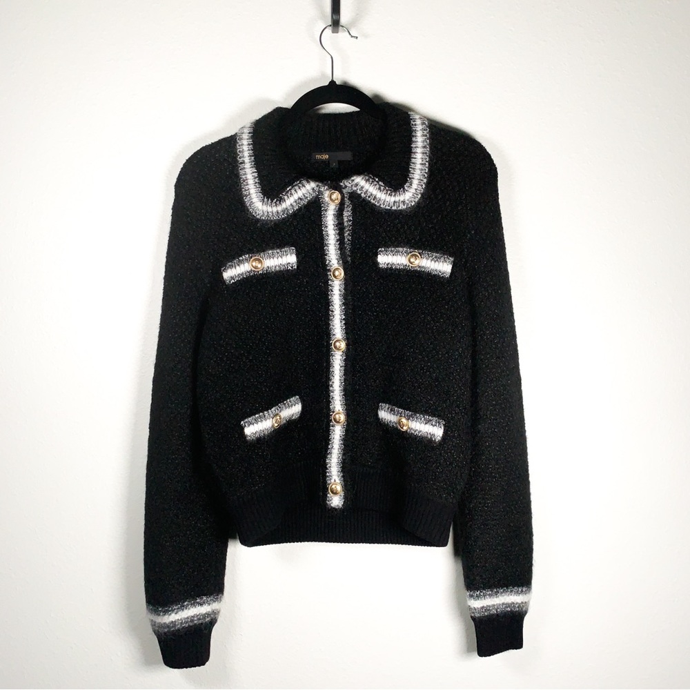 Maje Moopy Stripe Trim Cardigan, Size 2, Black and White
